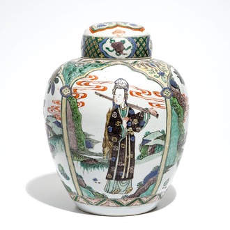 A Chinese famille verte Kangxi-style jar and cover, 19th C.