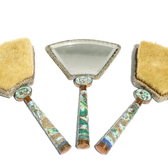 A Chinese enamelled silver and brass mirror and two brushes, 19/20th C.