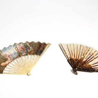 A Chinese tortoise and silk fan and an ivory example with painted European scene, 19th C.