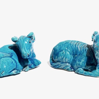 Two Chinese turquoise-glazed models of a cow and a goat, Jiaqing