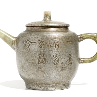 A Chinese inscribed pewter-encased Yixing stoneware teapot with jade, 20e eeuw