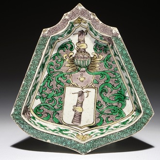 A Chinese verte biscuit armorial sweetmeat dish with the arms of Johannes Camphuys, VOC governor of Batavia, Kangxi