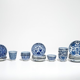 Thirteen Chinese blue and white cups and saucers, Kangxi and later