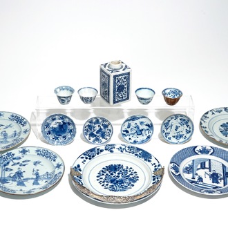 A Chinese blue and white square tea caddy, four cups and saucers and five plates, Kangxi and later