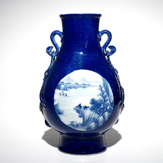 A Chinese blue and white hu powder blue-ground vase with landscape medallions, Qianlong mark, 19/20th C.