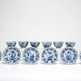 Six Chinese blue and white cups and saucers with floral design, Kangxi