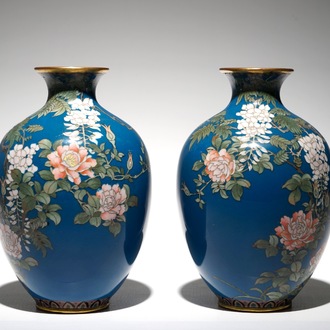 A pair of Japanese blue-ground cloisonné vases, Meiji, late 19th C.