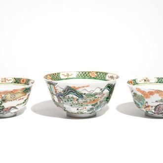 Three Chinese famille verte bowls with figures, 19th C.