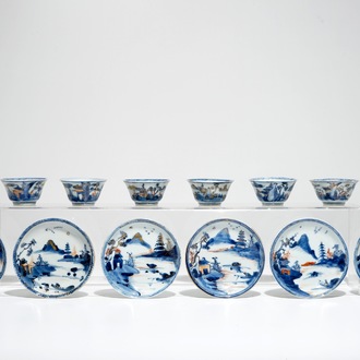 Acht Chinese Imari-stijl koppen en schotels met landschapsdecor, Kangxi