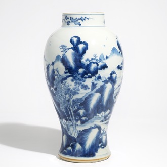 A Chinese blue and white baluster vase with landscape design, Kangxi