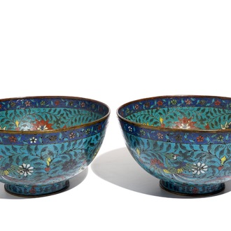 A pair of Chinese cloisonné bowls, Jingtai mark, 19th C.