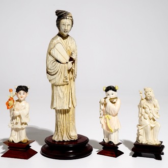 Four Chinese ivory figures on wooden bases, 19/20th C.