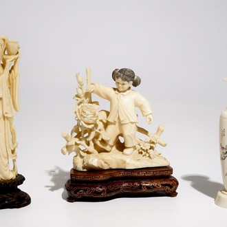 Two Chinese ivory figures and a vase, first half 20th C.