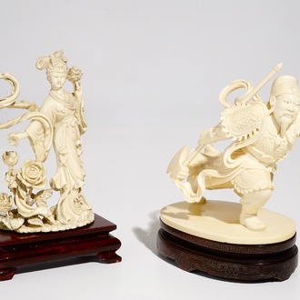 Deux figures en ivoire sculpté figurant un guerrier et Chang'e, Chine, 19/20ème
