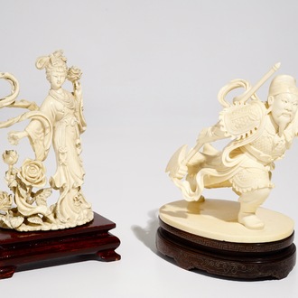 A Chinese ivory warrior and Chang'e on wooden stands, 19/20th C.