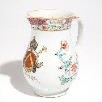 A large Chinese famille rose armorial jug with floral design, Yongzheng