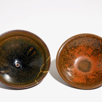 A Chinese kintsugi-repaired Jian hare's fur tea bowl, Song, and a red-splashed Jian bowl, Song or later