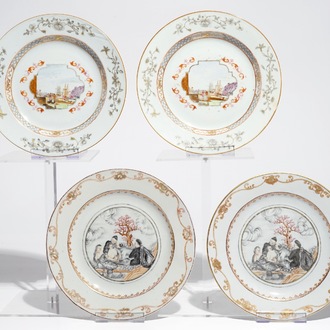 Une paire d'assiettes en porcelaine de Chine grisaille à décor érotique et une paire de style Meissen, Qianlong