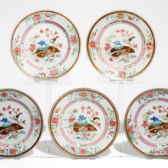 Five Chinese famille rose plates with floral design, Qianlong