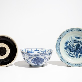 A Chinese blue and white bowl and a qilin plate, Ming, and a Cizhou plate, Jin/Song