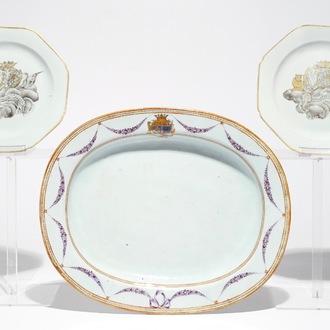 A pair of Chinese octagonal grisaille armorial plates and an oval famille rose armorial dish, Qianlong