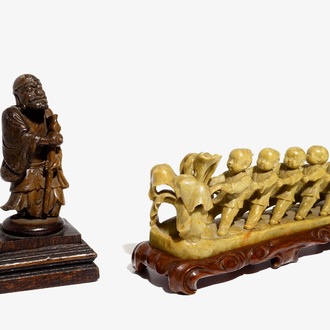 A Chinese soapstone Cultural Revolution group, 20th C. and a figure of a sage, 19th C.