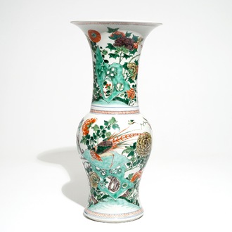 A Chinese famille verte yenyen vase with birds and flowers, Kangxi