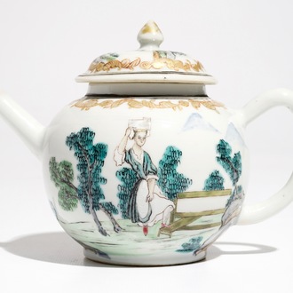 A Chinese famille rose teapot and cover with erotical design, Qianlong