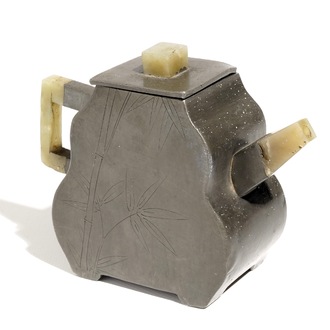 A Chinese inscribed pewter-encased Yixing stoneware teapot with jade, 19/20th C.