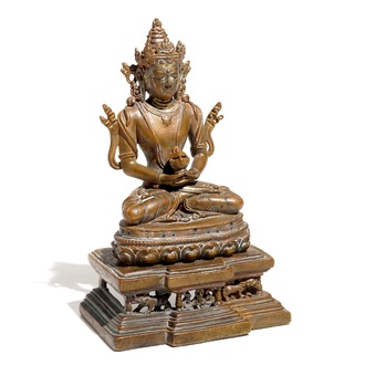 Un modèle de Bouddha Amitayus sur trône en lotus en bronze sino-tibétain, 19ème