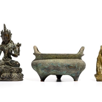 A Chinese Xuande mark bronze censer, a bronze model of Tara and a gilt copper alloy figure, Ming and later