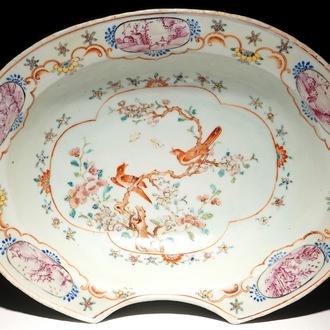 An oval Chinese famille rose shaving bowl with birds, Qianlong