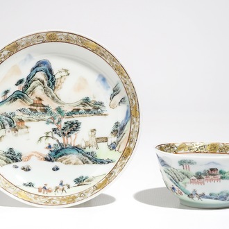 A Chinese famille rose cup and saucer with landscape design, Yongzheng