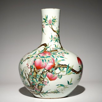 A fine Chinese famille rose tianqiu ping “Nine peaches” vase, Guangxu mark, 19/20th C.