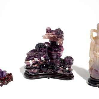 Trois sculptures en améthyste et agate pourpre, Chine, 19/20ème