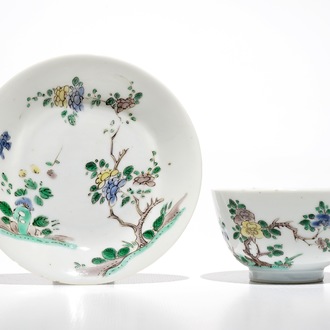 A Chinese famille verte cup and saucer with yin-yang mark, Kangxi