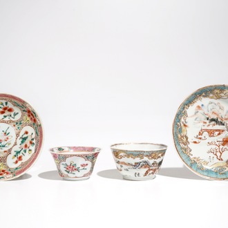 Two Chinese famille rose cups and saucers, Yongzheng/Qianlong