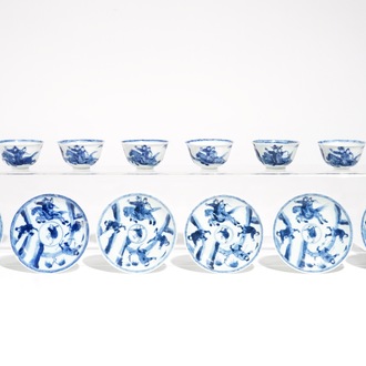 Six Chinese blue and white cups and saucers with warriors on horseback, Kangxi