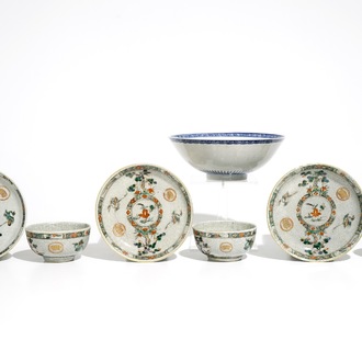 Three Chinese famille verte crackle glaze cups and saucers and a blue and white soft paste bowl, Kangxi