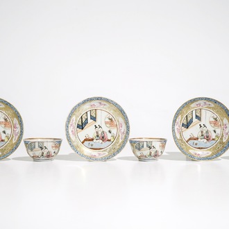 Three Chinese famille rose and gilt cups and saucers, Yongzheng/Qianlong