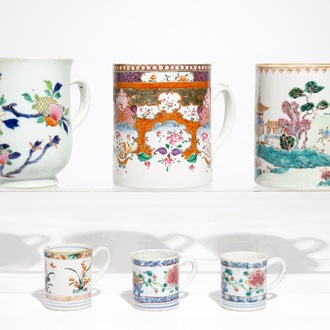 Six chopes en porcelaine de Chine famille rose et verte, Kangxi/Qianlong