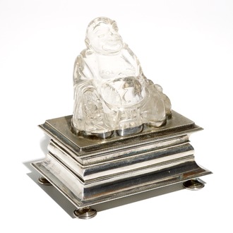 A Chinese rock crystal Buddha on German silver stand, poss. Augsburg, 18/20th C.