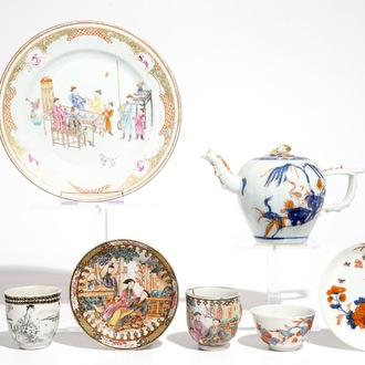 A varied collection of Chinese famille rose, grisaille and Imari style porcelain, Qianlong