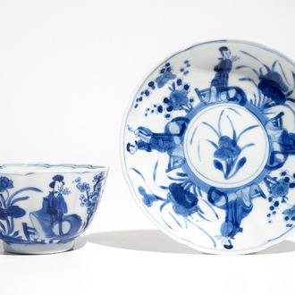 A Chinese blue and white Long Eliza cup and saucer, Kangxi