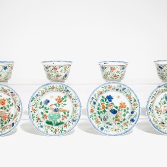 Four Chinese famille verte cups and saucers with pheasants and flowers, Kangxi