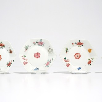 Three Chinese famille rose saucers and one cup with insects and flowers, Yongzheng