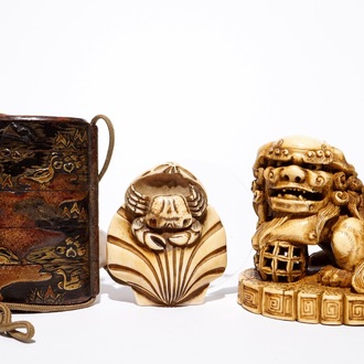 A Japanese laquer inro with ivory netsuke and agate ojime, and a Buddhist lion netsuke, Meiji/Taisho