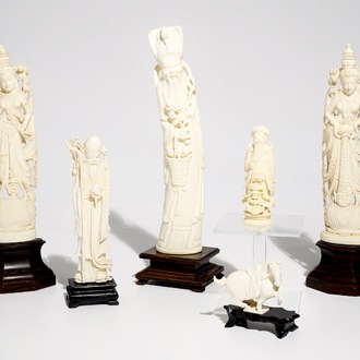 Six figures en ivoire sculpté, Inde et Chine, début du 20ème