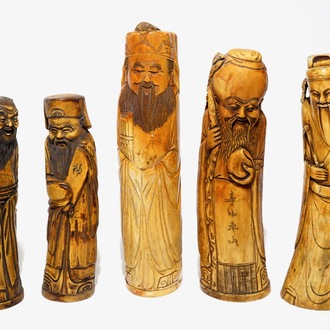 Five Chinese ivory models of immortals, 19/20th C.