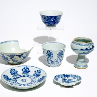 Various Chinese blue and white bowls and a cup and saucer, Ming, Kangxi and Qianlong